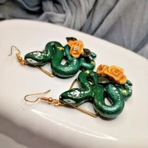 Snake earrings dangle hand sculpted clay with rhinestone accents